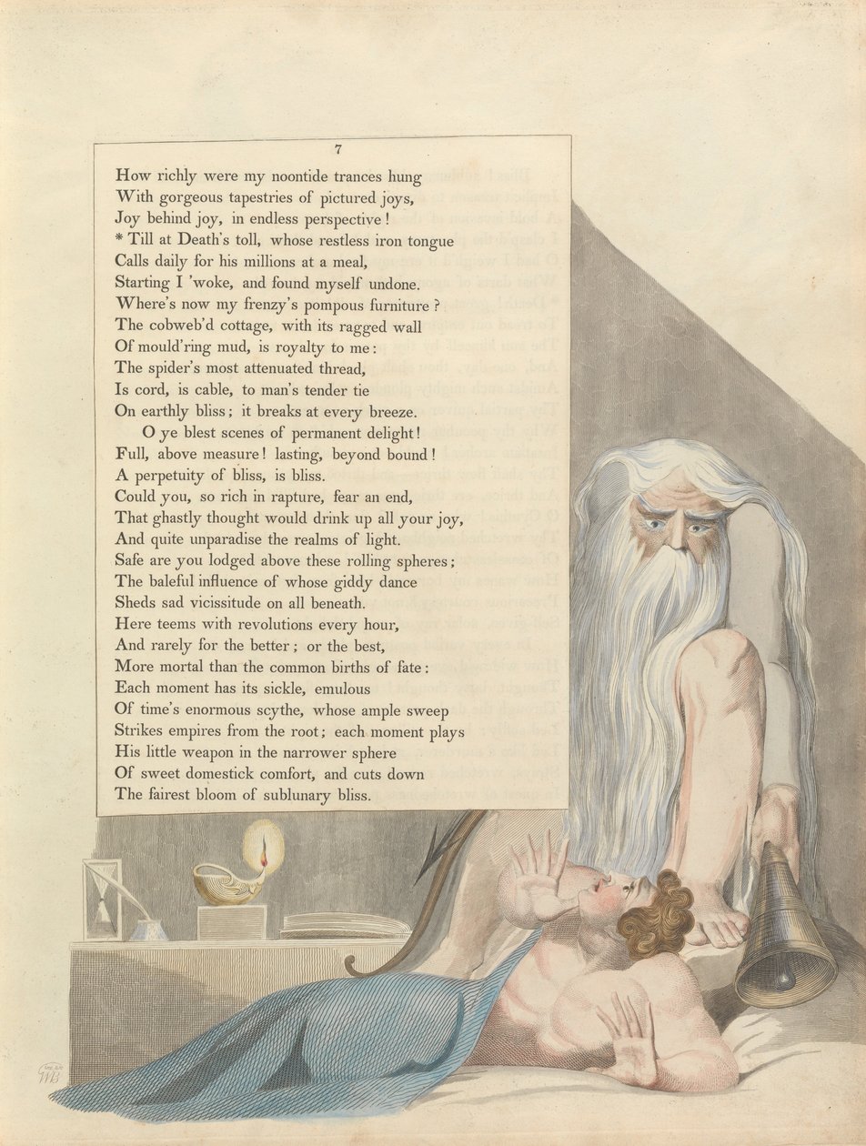 Youngs Night Thoughts, strona 7, Do czasu śmierci, którego niespokojny żelazny język autorstwa William Blake