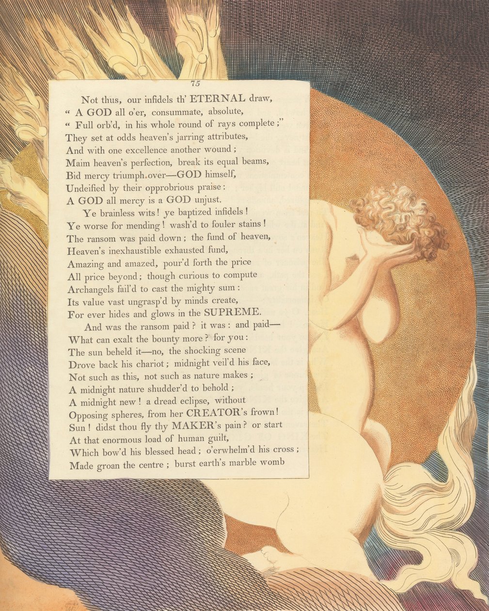 Youngs Night Thoughts, strona 75, Słońce to ujrzało – nie, szokująca scena autorstwa William Blake