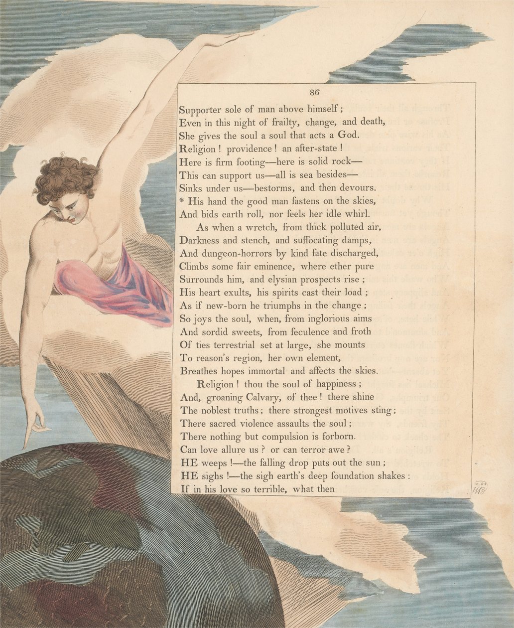 Młodzieńcze Nocne Myśli, str. 86, Jego ręka Dobry Człowiek wpina się w Niebiosa autorstwa William Blake