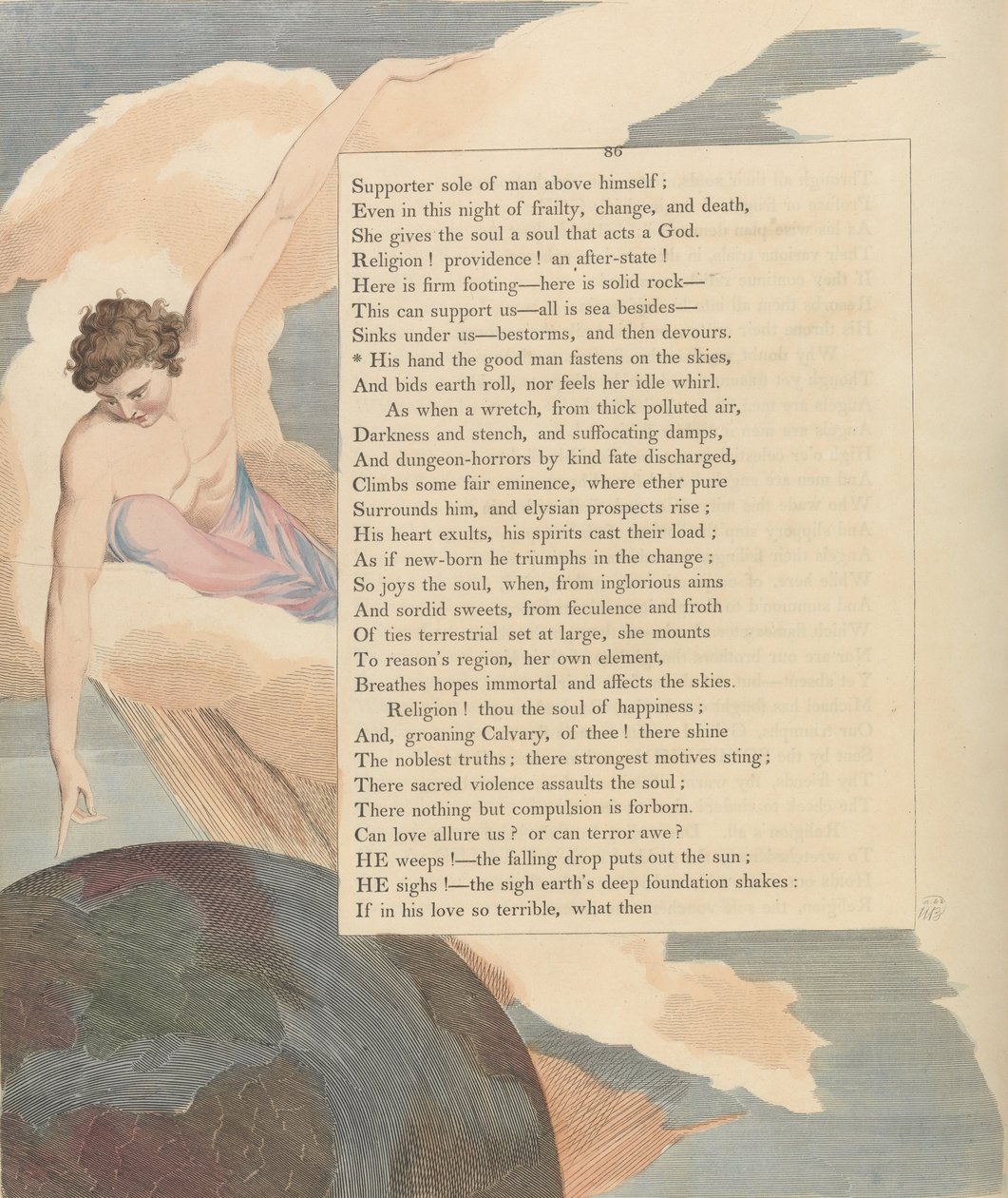 Młodzieńcze Nocne Myśli, strona 86, Jego ręka dobry człowiek trzyma się na niebie autorstwa William Blake