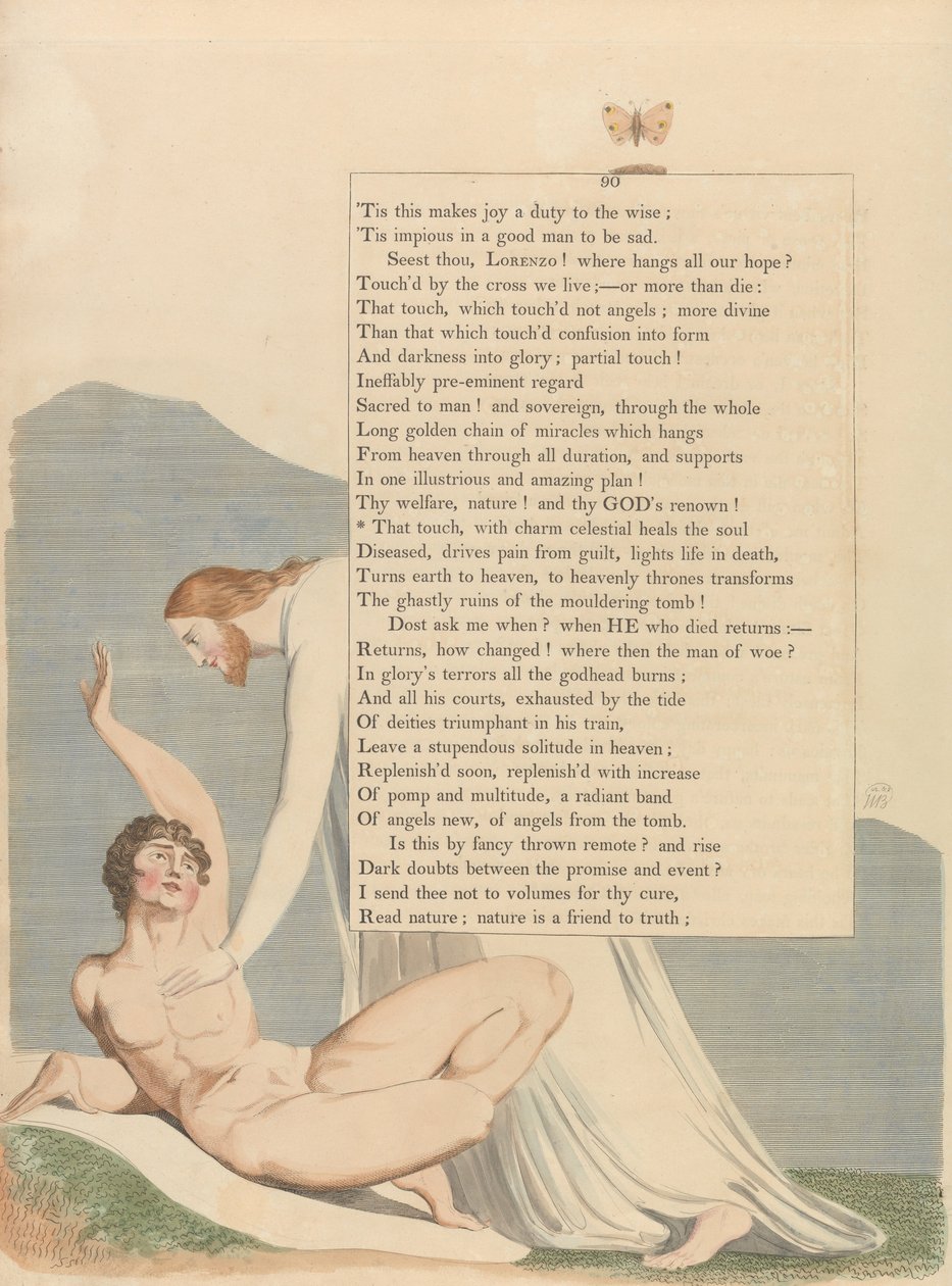 Młode Nocne Myśli, Strona 90, Ten dotyk, z wdziękiem niebiański uzdrawia duszę autorstwa William Blake