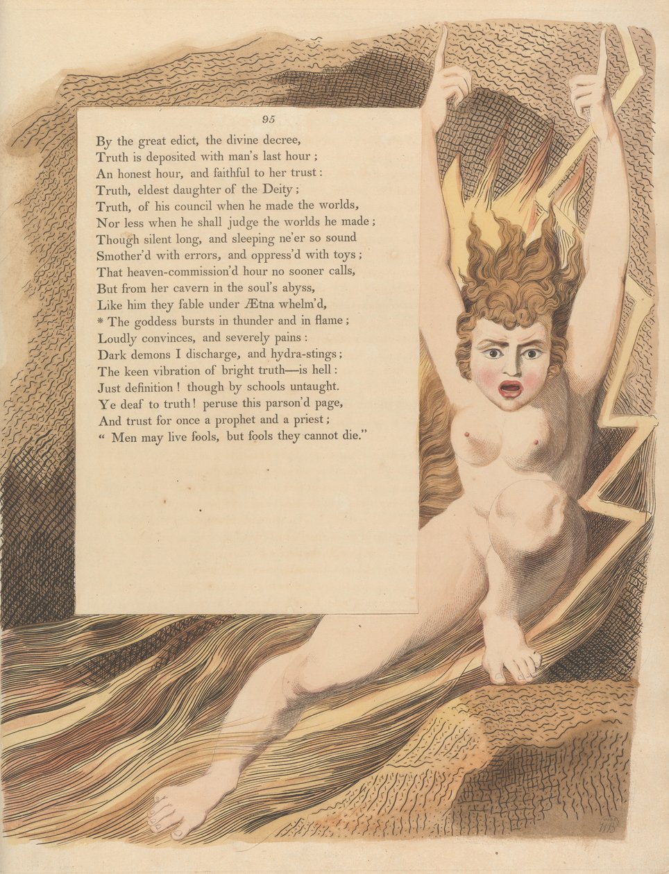 Youngs Night Thoughts, Strona 95, Bogini wybucha piorunami i płomieniami autorstwa William Blake