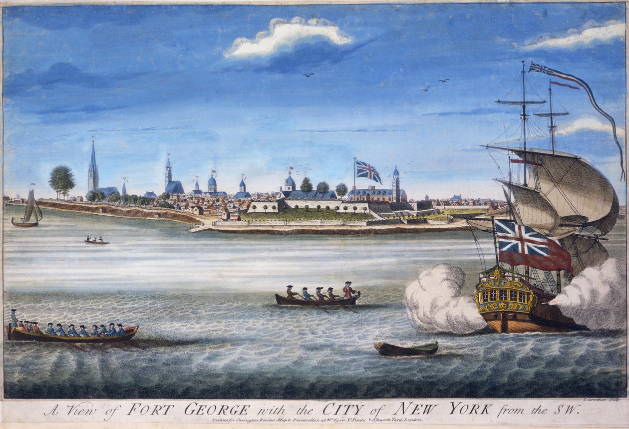 Widok na Fort George i miasto Nowy Jork od południowego zachodu, wyryty przez Johna Carwithama, ok. 1764 r., rycina ręcznie kolorowana autorstwa William Burgis