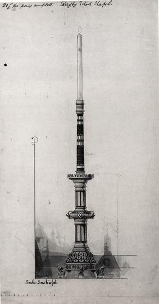Projekt świecznika, kaplica szkolna w Rugby, ok. 1870 (czarny tusz, ołówek, wc) autorstwa William Butterfield