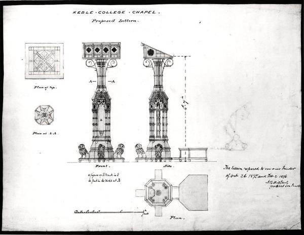 Projekt na mównicę, Keble College Chapel, Oxford, 1875-76 (czarny tusz, ołówek i akwarela) autorstwa William Butterfield