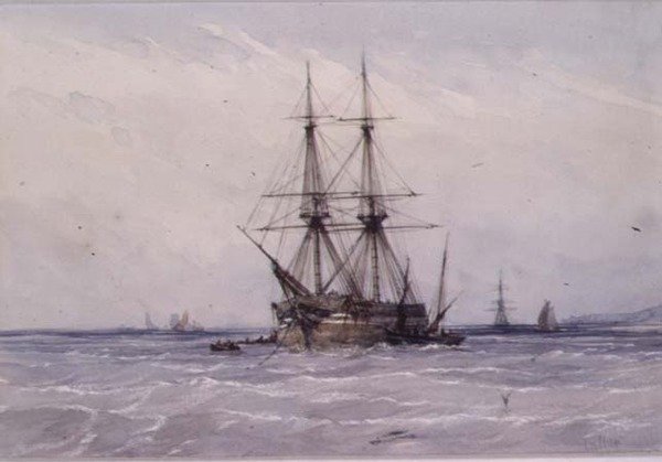Bryg na kotwicy i łodzie obok autorstwa William Callow