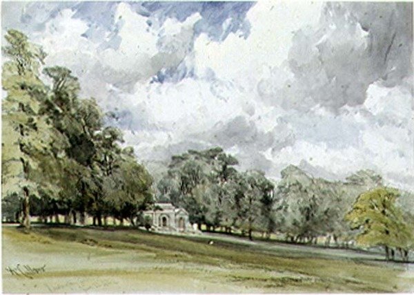 Widok w ogrodach Kensington pokazujący domek świątynny autorstwa William Callow