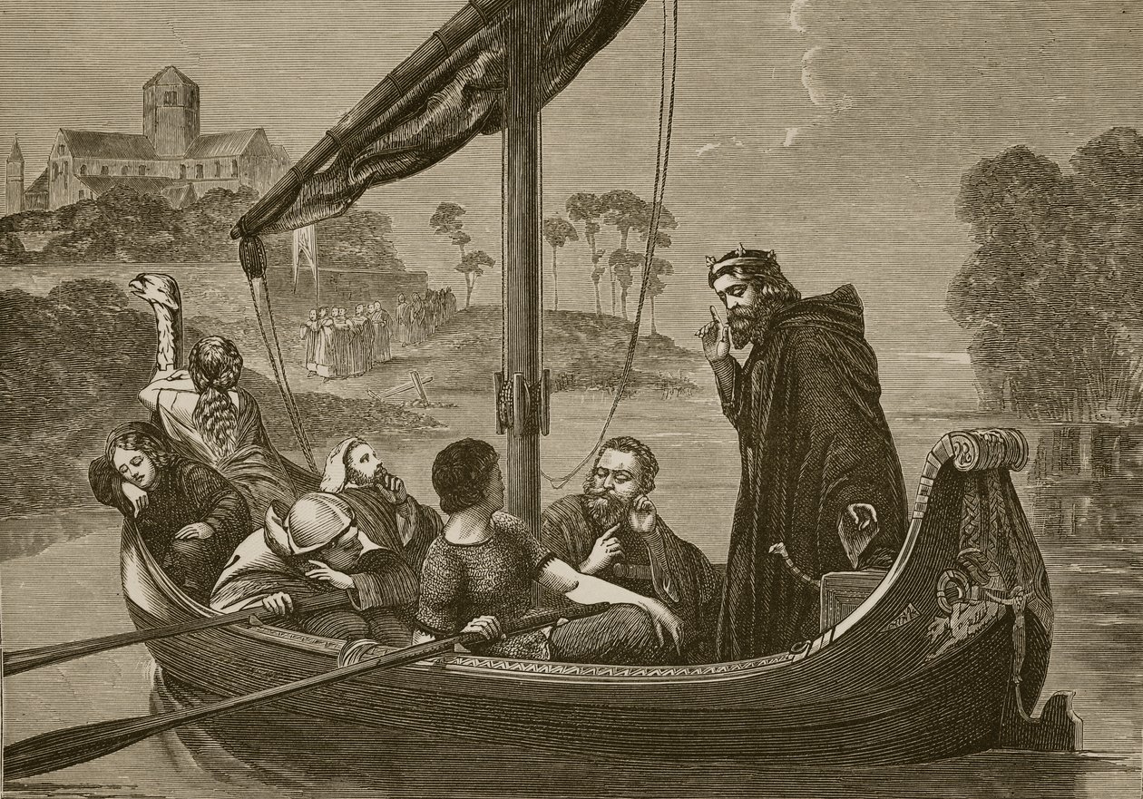 Kanut nad rzeką Nene słuchający chóru w Ely Minster, rycina F. Wentwortha autorstwa William Cave Thomas