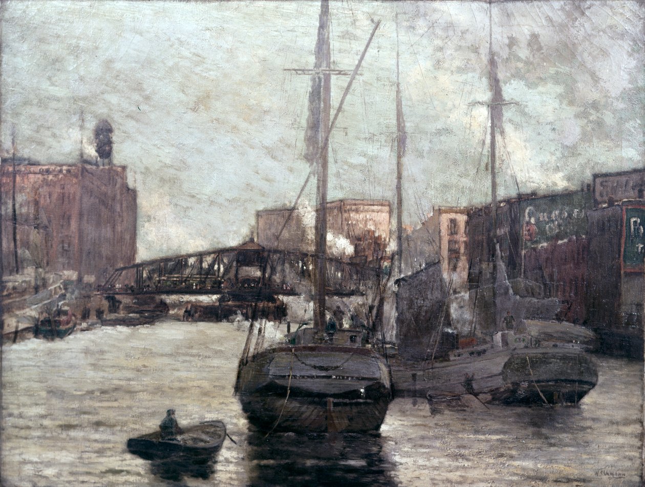 Widok na rzekę Chicago z mostem Clark Street, 1910-12 autorstwa William Clusmann