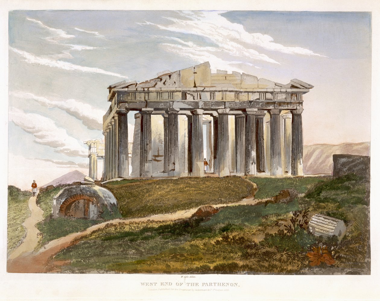 Zachodni kraniec Partenonu, z „Wybrane widoki pozostałości starożytnych zabytków w Grecji”, opublikowane przez Ackermann, Londyn, 1835 autorstwa William Cole