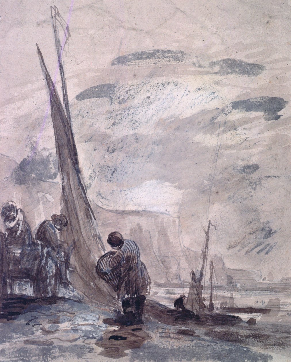 Figury z wozem i łodziami na brzegu, w pobliżu klifów, XIX w. autorstwa William Collins