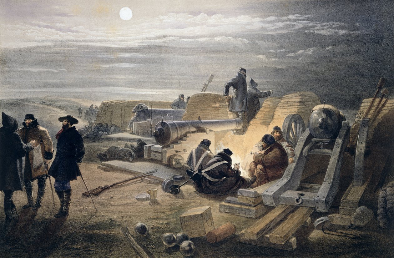 Spokojna noc w bateriach, płyta z „The Seat of War in the East”, wydanej przez Colnaghi and Co., 1856 autorstwa William Crimea Simpson