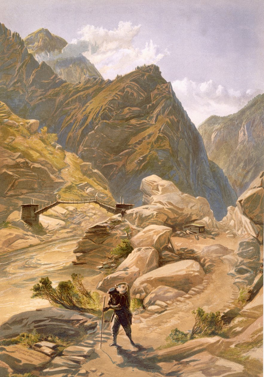 Most nad Sutlej w Wangtoo, z „Indie Ancient and Modern”, 1867 autorstwa William Crimea Simpson