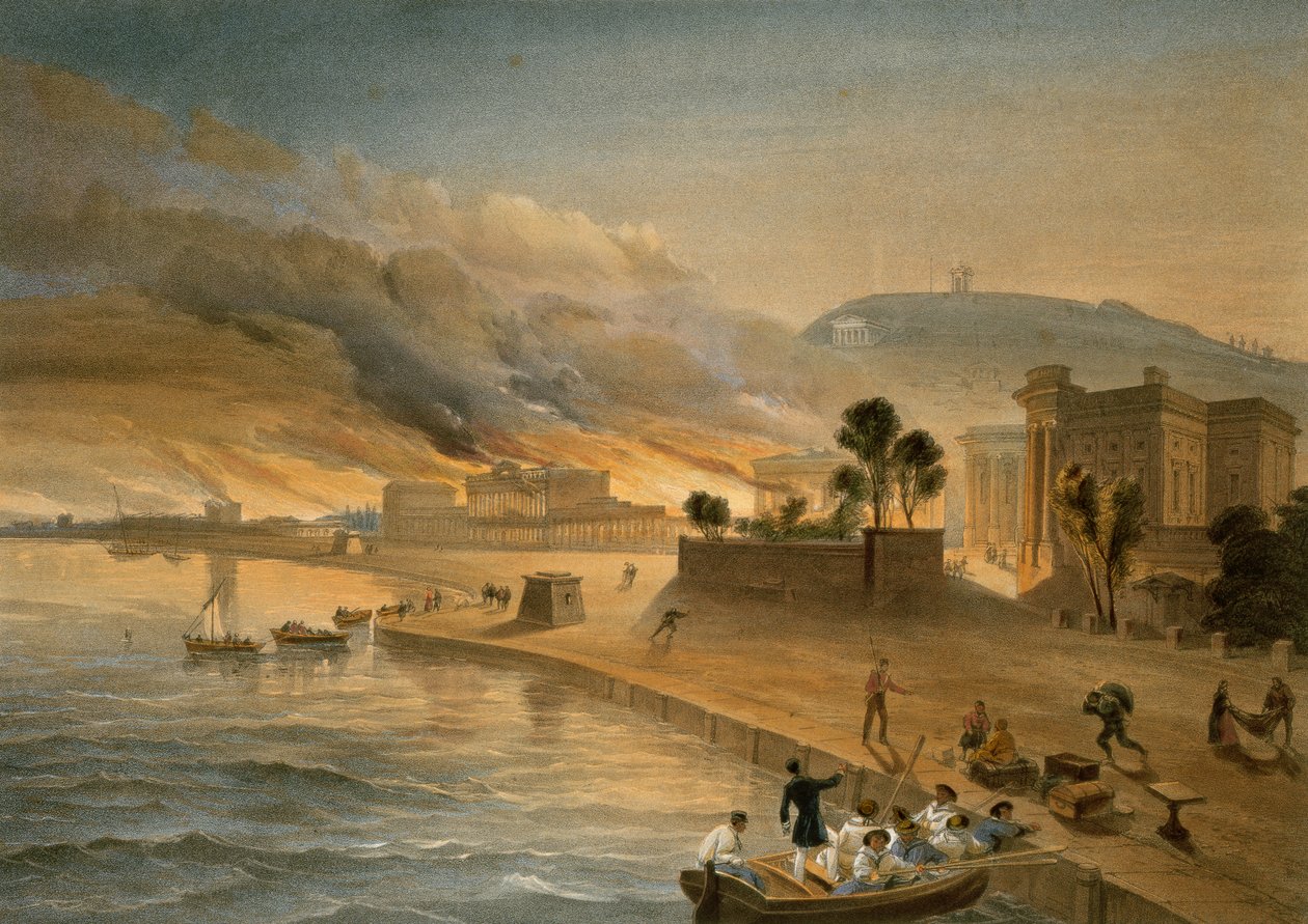 Spalenie budynków rządowych w Kertch, tablica z „Siedziba wojny na wschodzie”, wyd. autor: Paul und Dominic Colnaghi und Co., 1856 autorstwa William Crimea Simpson
