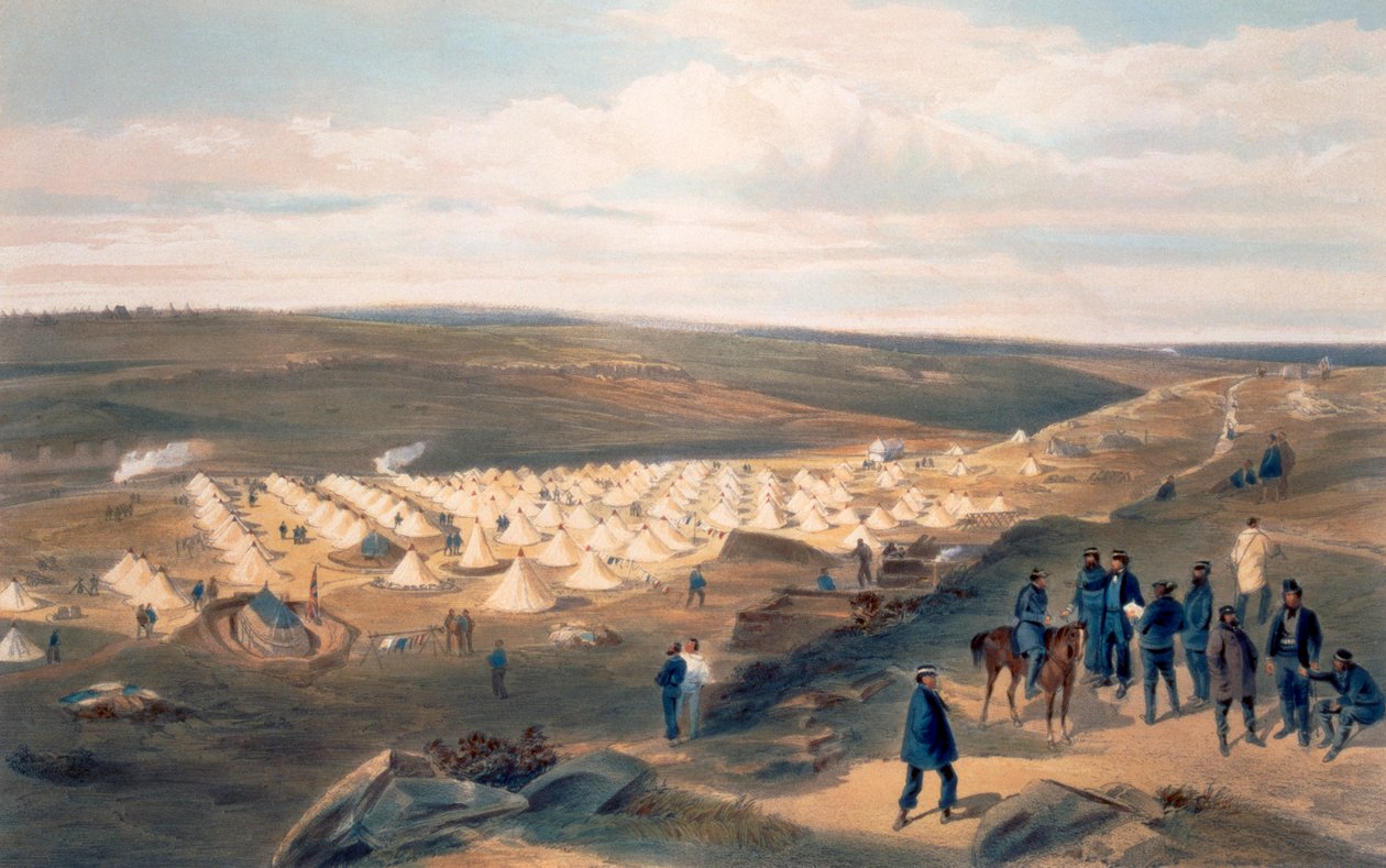 Obóz Brygady Marynarki Wojennej, tablica z filmu „Siedziba wojny na wschodzie”, wyd. autor: Paul und Dominic Colnaghi und Co., 1856 autorstwa William Crimea Simpson