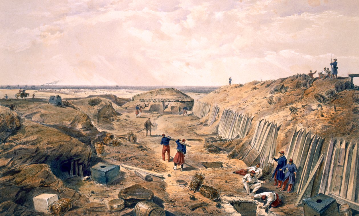 Rów Bastion du Mat, płyta z filmu „Siedziba wojny na wschodzie”, wyd. autor: Paul und Dominic Colnaghi und Co., 1856 autorstwa William Crimea Simpson