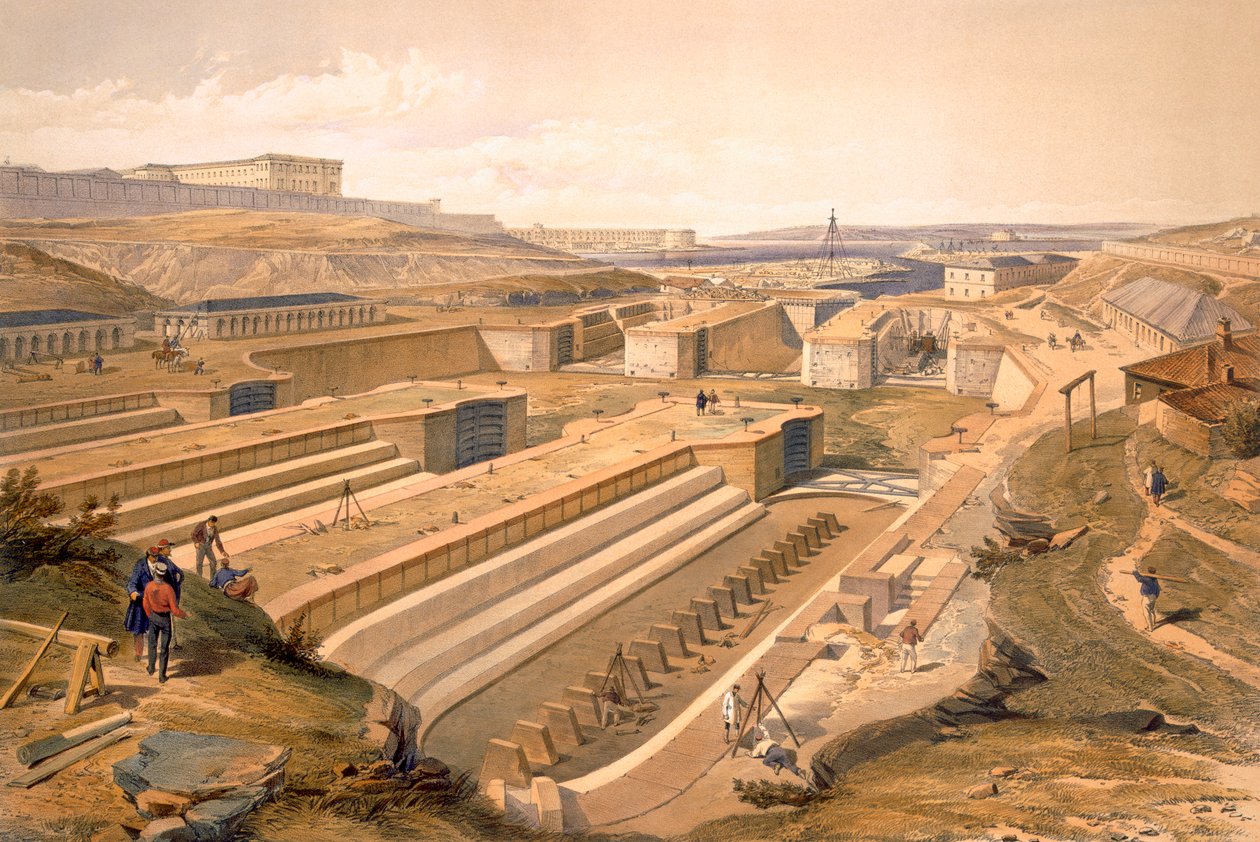 Doki w Sewastopolu, tablica z „Siedziba wojny na wschodzie”, wyd. autor: Paul und Dominic Colnaghi und Co., 1856 autorstwa William Crimea Simpson