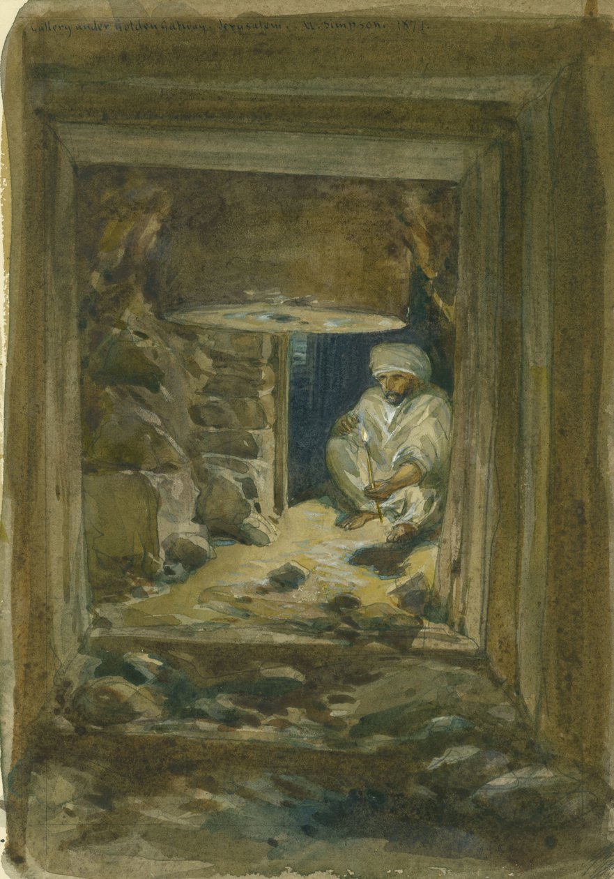 Galeria pod Złotą Bramą, Jerozolima, 1871 (wc i ołówek na papierze) autorstwa William Crimea Simpson