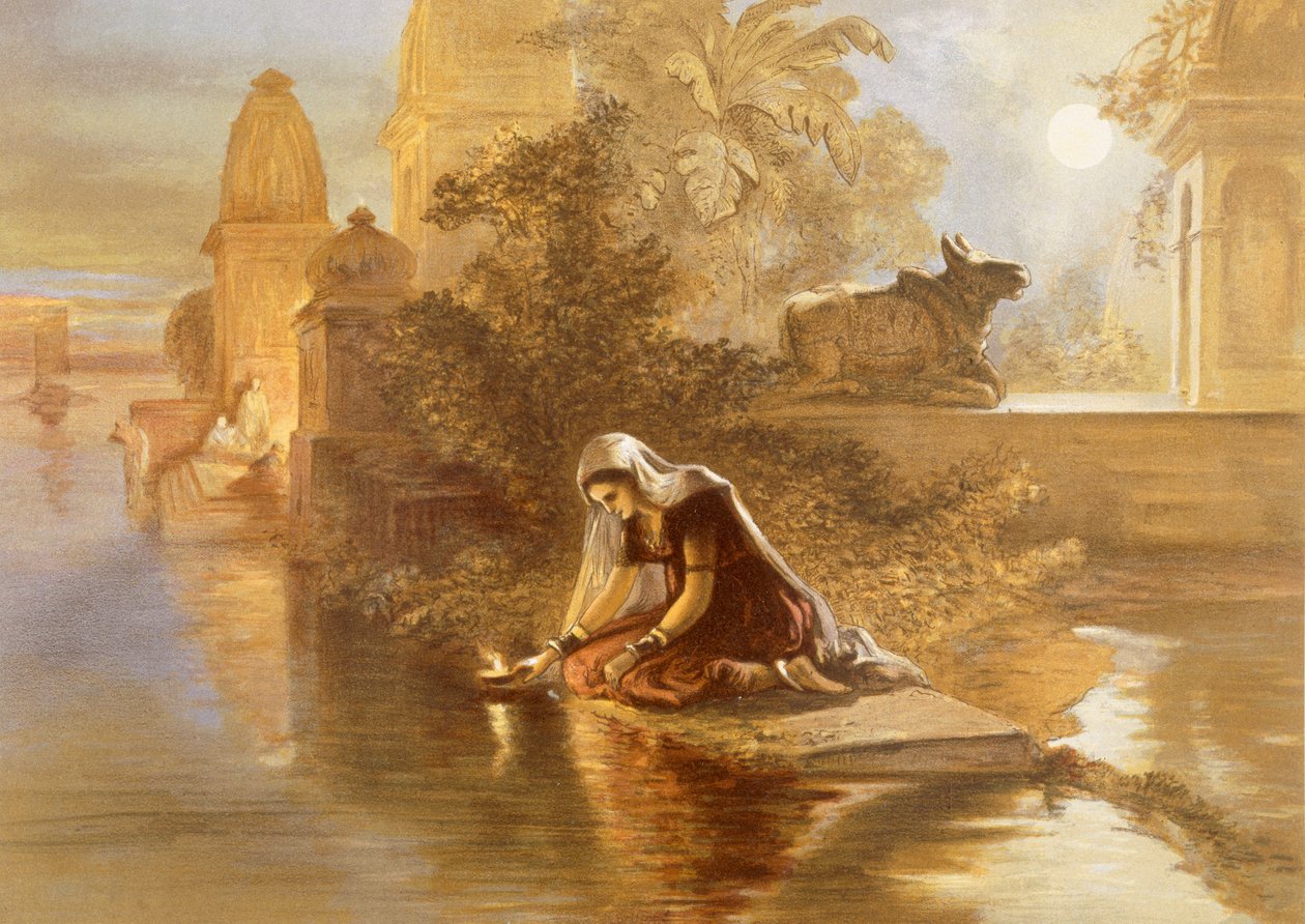 Kobieta pływająca z lampami po Gangesie, z "Indii starożytnych i współczesnych", 1867 autorstwa William Crimea Simpson