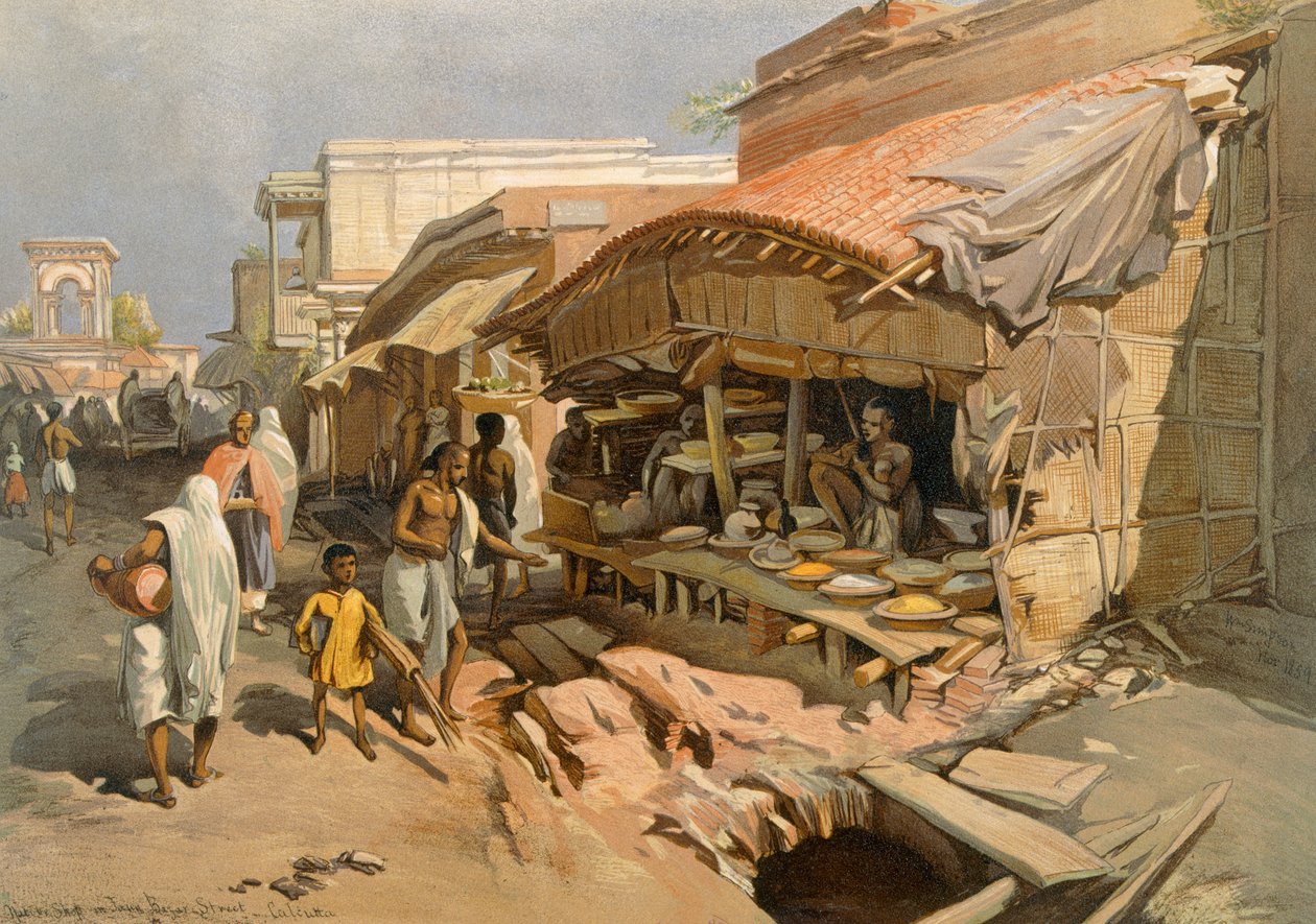 Tubylczy sklep na bazarze w Kalkucie, z "Indii starożytnych i współczesnych", 1867 autorstwa William Crimea Simpson