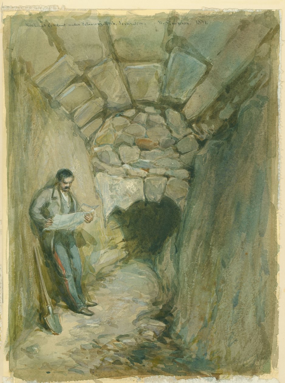 Wycięty w skale kanał pod łukiem Robinsona, Jerozolima, 1871 (wc i ołówek na papierze) autorstwa William Crimea Simpson