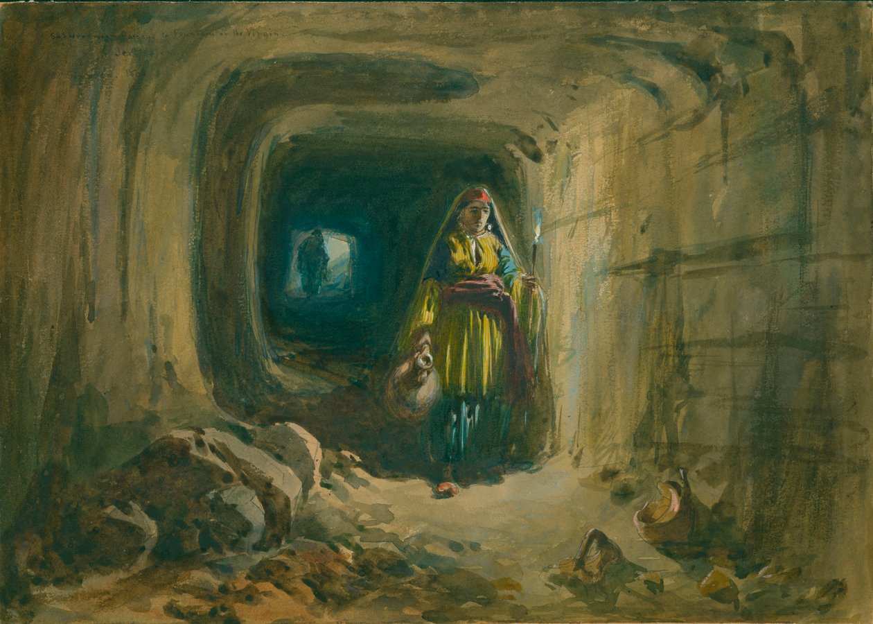 Podziemne przejście do fontanny Marii Panny, Jerozolima, 1869 (wc i ołówek na papierze) autorstwa William Crimea Simpson
