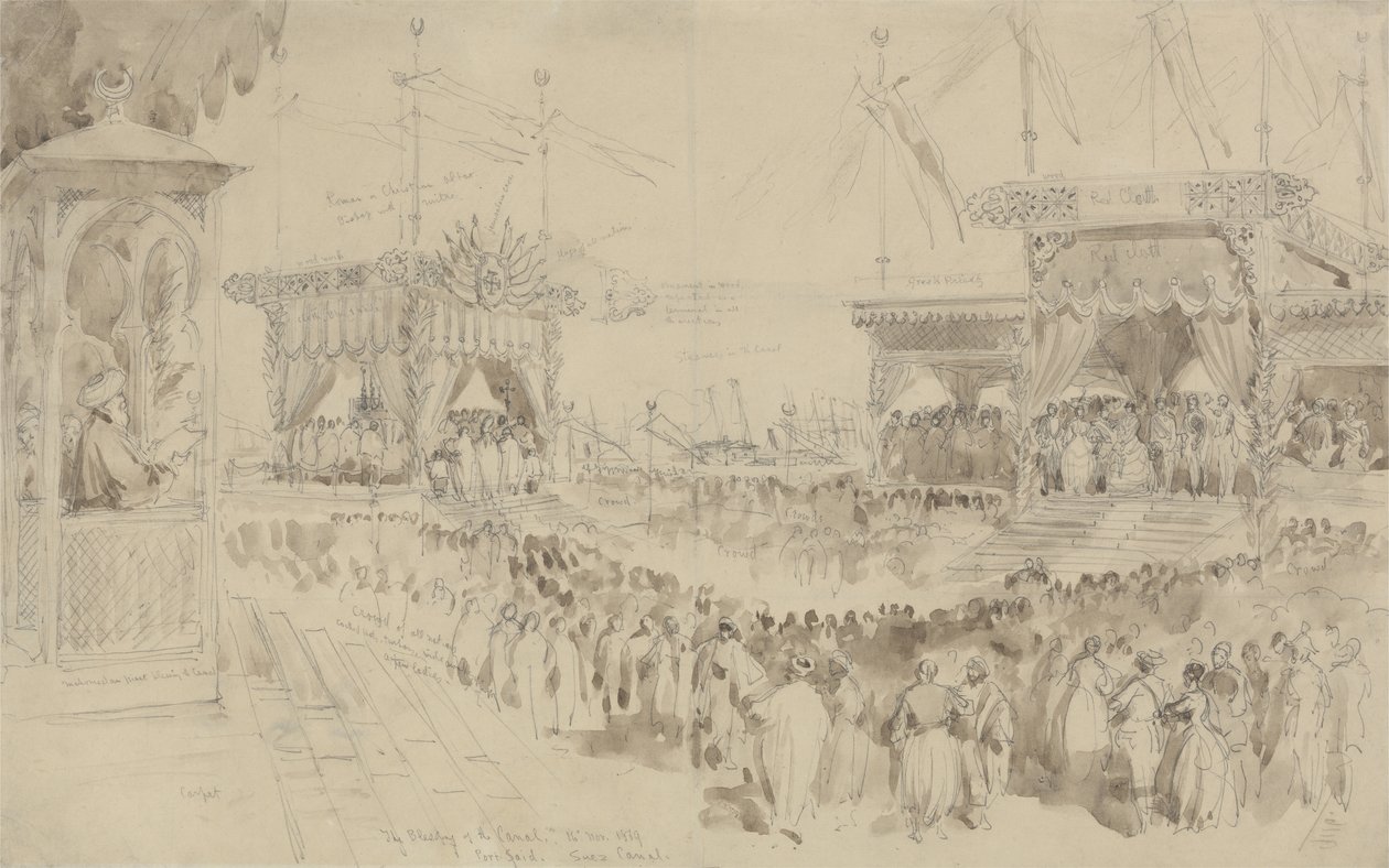 Błogosławieństwo Kanału Sueskiego, 1869 (grafitowo-brązowy rozmycie na papierze) autorstwa William Crimea Simpson