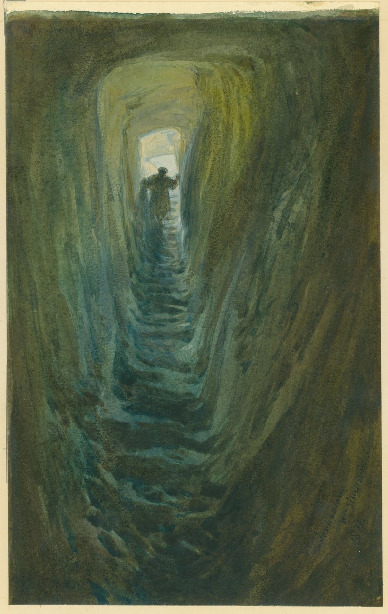 Studnia Schodów, Jerozolima, 1871 (wc i ołówek na papierze) autorstwa William Crimea Simpson