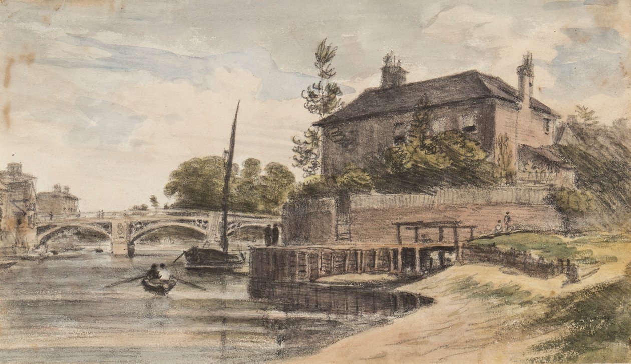 Berkshire: Windsor Bridge z łąki do Clewer, dom pana Collinsa, Young Cramer i Blagsom w łodzi, 18 lipca 1832 autorstwa William Crotch