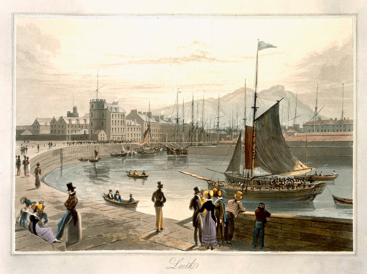 Prom przybywający do Leith, z „Podróży po Wielkiej Brytanii podjęta między latami 1814 i 1825” opublikowanej w 1829 r. autorstwa William Daniell