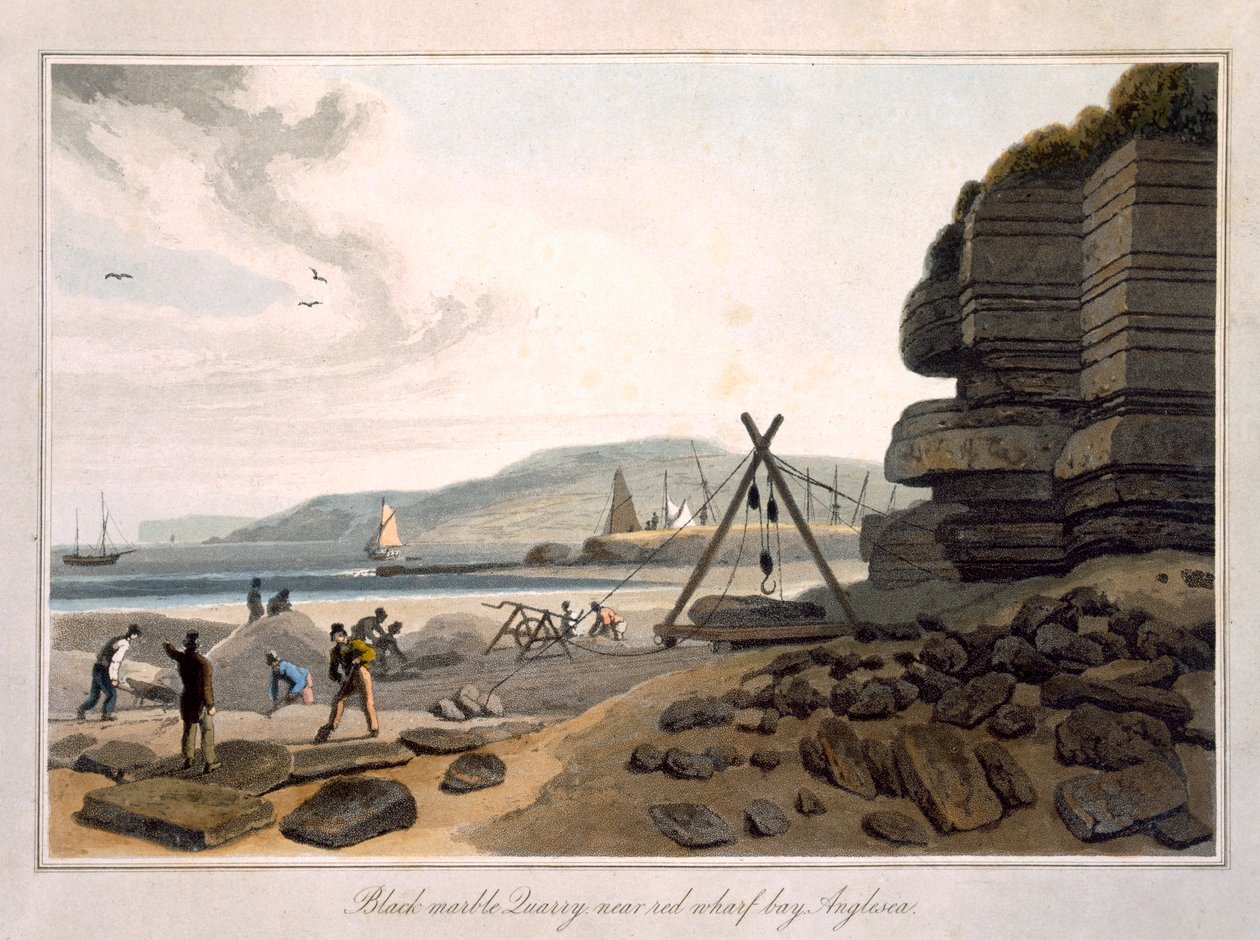 Black Marble Quarry near Red Wharf Bay, Anglesea, z "A Voyage Around Great Britain Undertaken between the Years 1814 and 1825", opublikowanej w 1815 r. autorstwa William Daniell