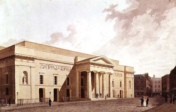 Wschodni front 2nd Covent Garden Theatre, zaprojektowany przez Roberta Smirke i pokazujący panele Flaxman, 1809 autorstwa William Daniell