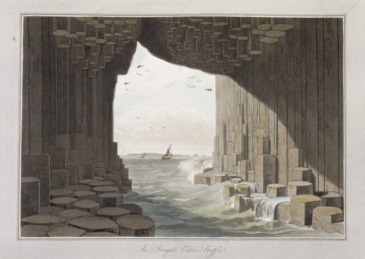 W Jaskini Fingala, Staffa, z „Podróży po Wielkiej Brytanii podjęta między latami 1814 a 1825” opublikowana w 1829 r. autorstwa William Daniell