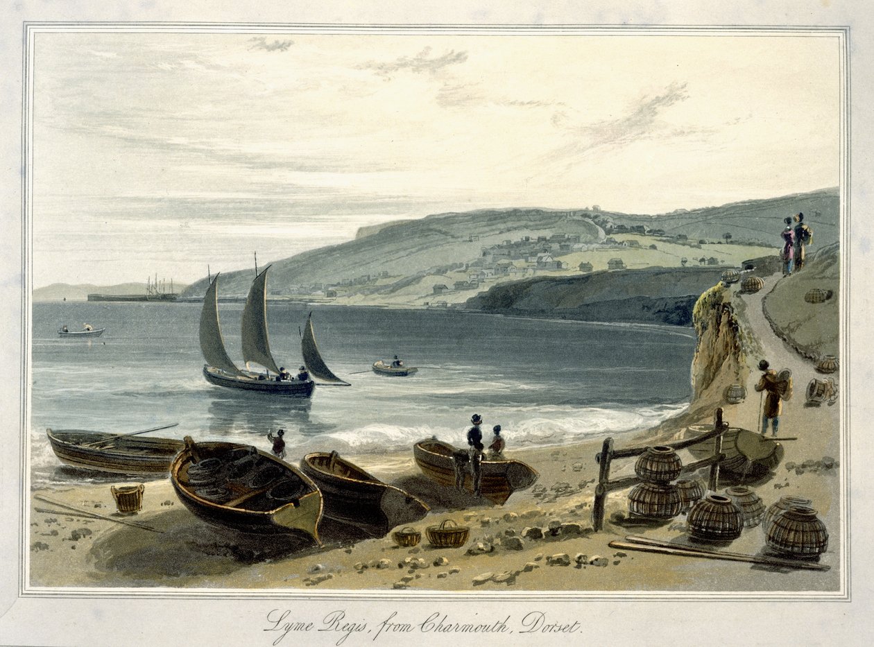 Lyme Regis, z Charmouth, Dorset, z „Podróży dookoła Wielkiej Brytanii podjęta między latami 1814 i 1825” (akwatinta) autorstwa William Daniell