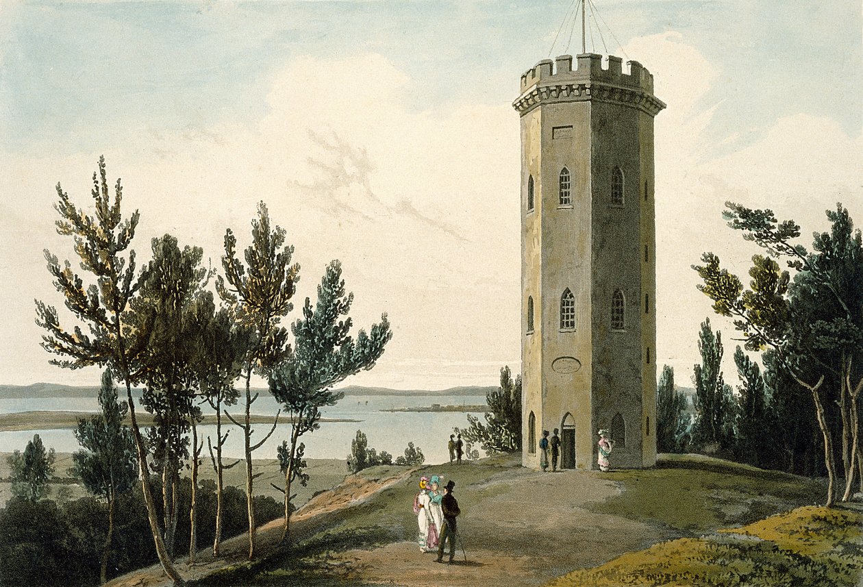 Wieża Nelsona, Forres, z „Podróży po Wielkiej Brytanii podjęta między latami 1814 a 1825”, opublikowana w 1821 r. autorstwa William Daniell