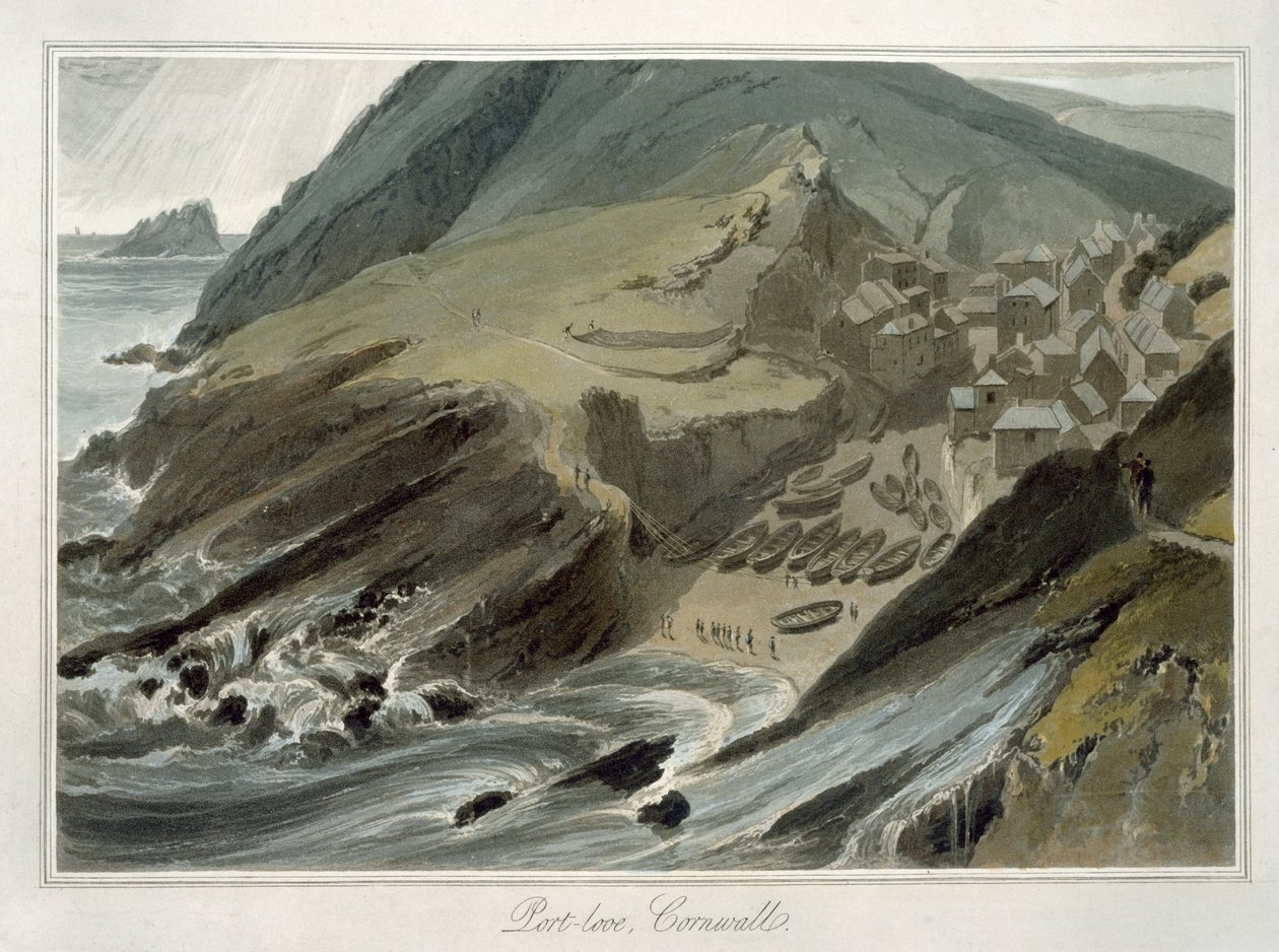 Port Looe, Kornwalia, z "Podróży dookoła Wielkiej Brytanii odbytej między 1814 a 1825 rokiem" (akwatinta) autorstwa William Daniell