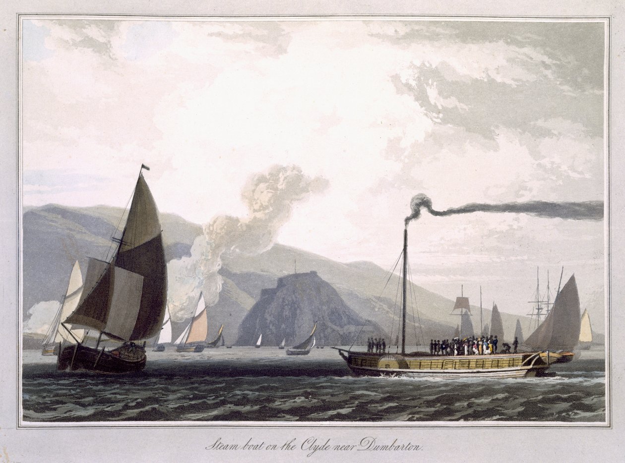 Statek parowy na Clyde w pobliżu Dumbarton, z „Podróży dookoła Wielkiej Brytanii podjęta między latami 1814 i 1825” opublikowana w 1829 r. autorstwa William Daniell