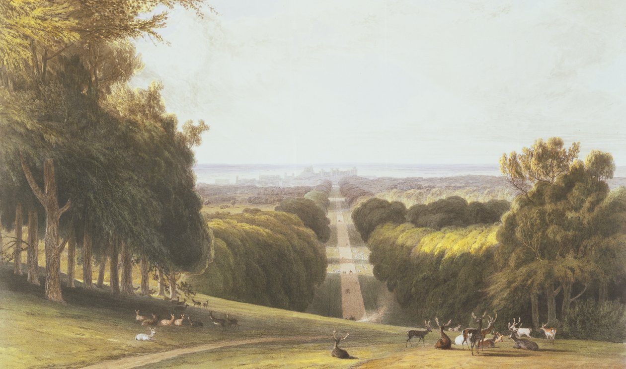 The Long Walk, Windsor Park, z kompilacji widoków Windsor, Eton i Virginia Water, c.1827-30 autorstwa William Daniell