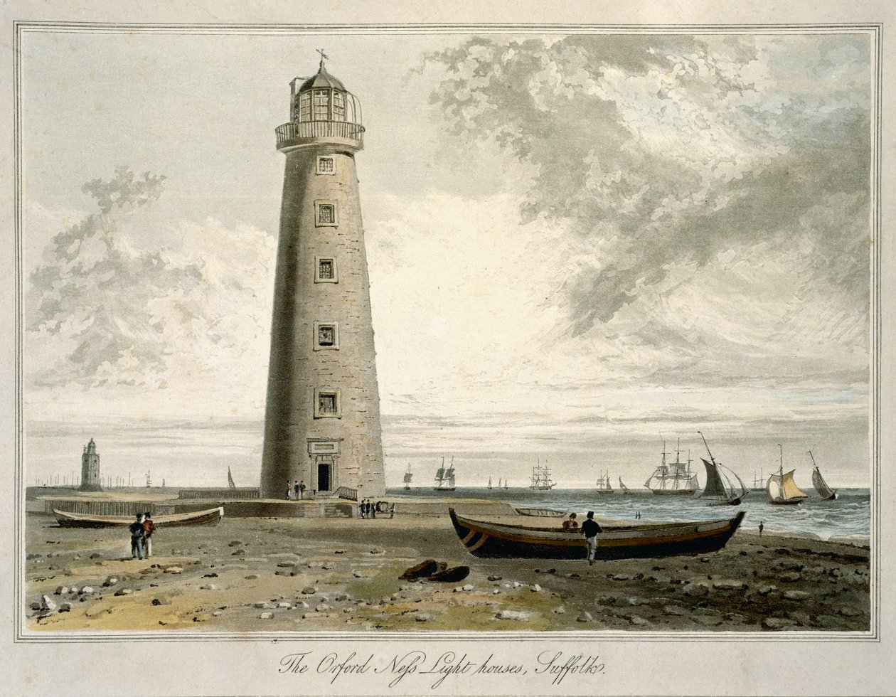 Latarnie morskie w Orford Nefs, Suffolk, z tomu VI „Podróży po Wielkiej Brytanii podjęta między latami 1814 a 1825”, opublikowanej w 1822 r. (akwatinta) autorstwa William Daniell