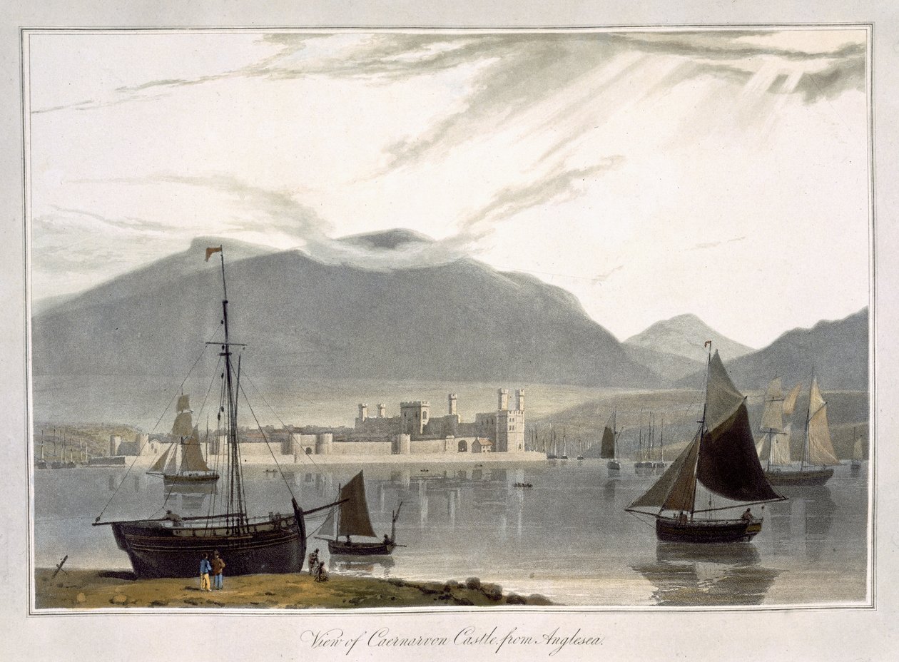 Widok zamku Caenarvon z Anglesea, z "A Voyage Around Great Britain Undertaken between the Years 1814 and 1825", opublikowanego w 1814 r. autorstwa William Daniell