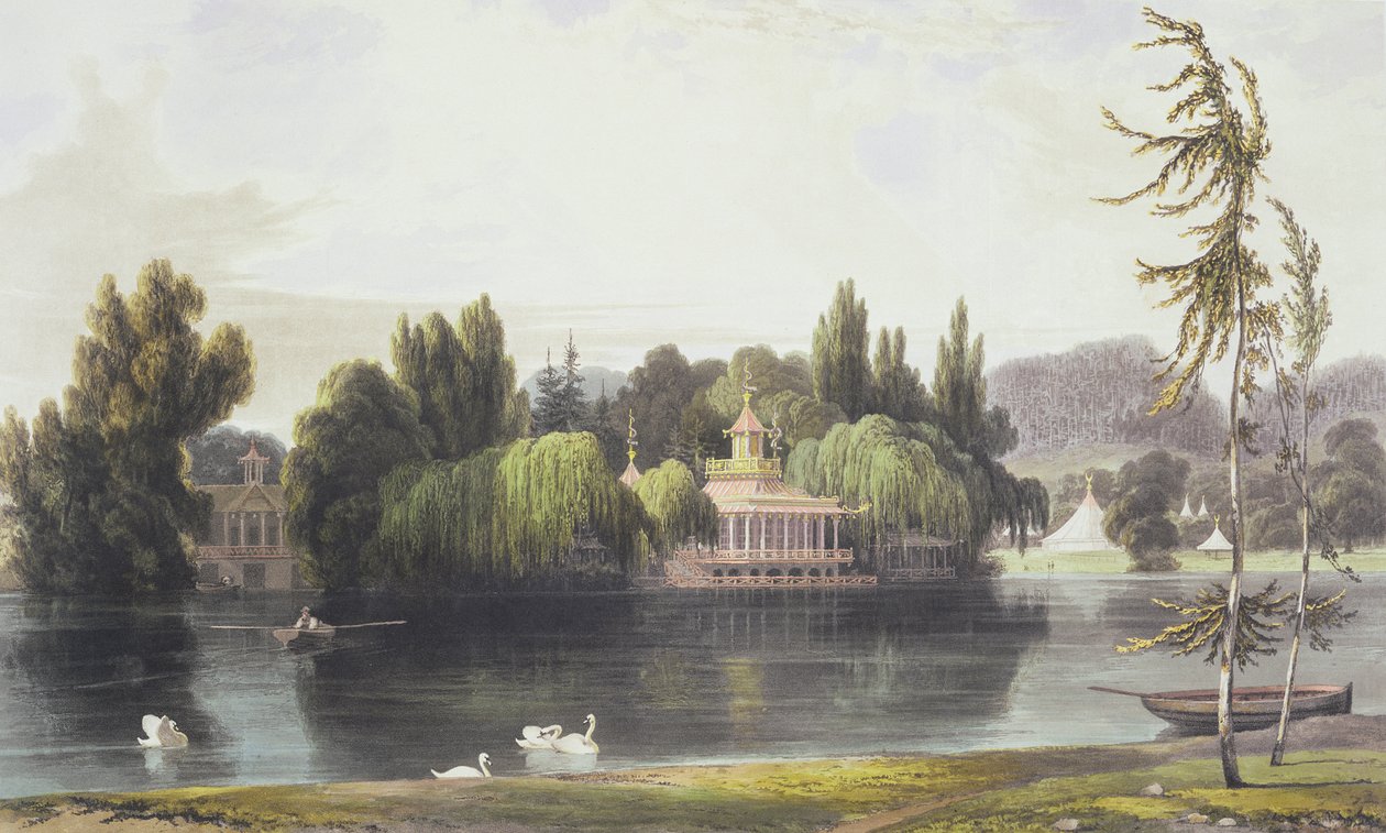 Widok na Virginia Water z ogrodowymi świątyniami, z "Widoków Windsoru, Eton i Virginia Water", ok. 1828 r. autorstwa William Daniell