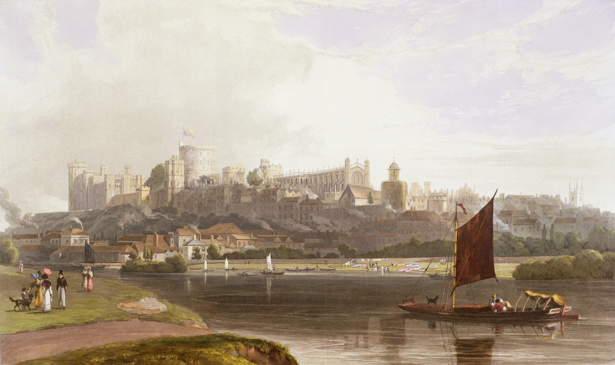Zamek Windsor z rzeki Meadow nad Tamizą, ze zbioru widoków Windsor, Eton i Virginia Water, ok. 1827-30 autorstwa William Daniell