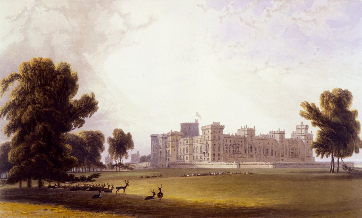 Zamek Windsor z South End, z „Widoków Windsor, Eton i Virginia Water”, c.1827-30 (ręcznie barwiony grawerunek) autorstwa William Daniell