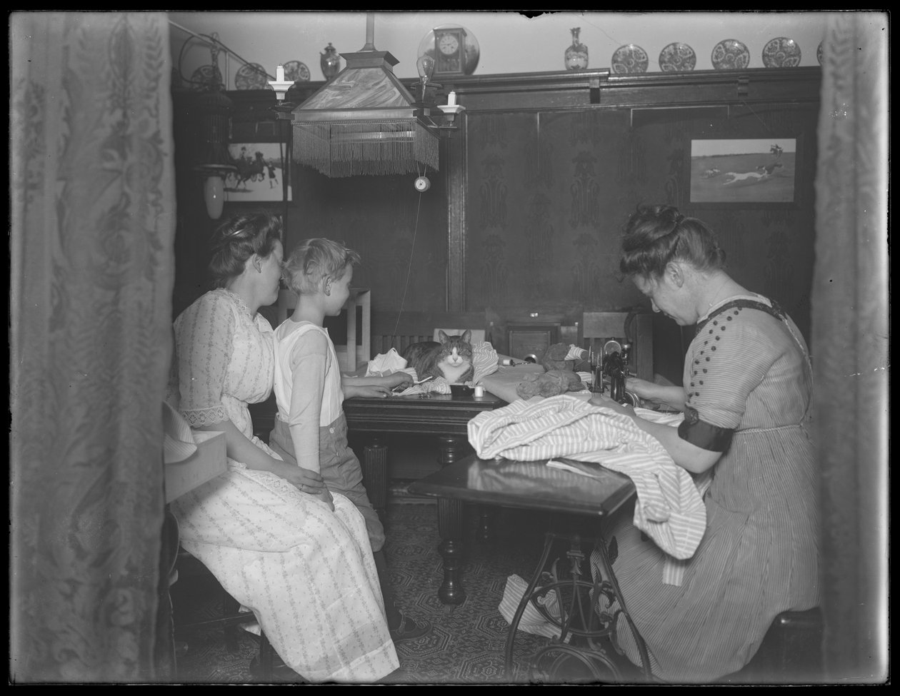Ethel Gray Magaw Hassler, William Gray Hassler (mały chłopiec), Harriet E. Hassler (obsługuje maszynę do szycia) i Reddy (kot) w jadalni przy 150 Vermilyea Avenue, mieszkanie 44, Nowy Jork, ok. 19 r. autorstwa William Davis Hassler