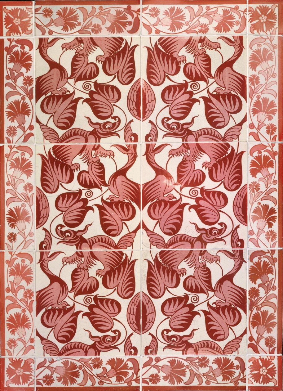 C.4-1941 Panel kafelkowy z powtarzającym się wzorem Birds, Dragons and Foliage, c.1882-88 (ceramika z połyskującą glazurą) autorstwa William de Morgan