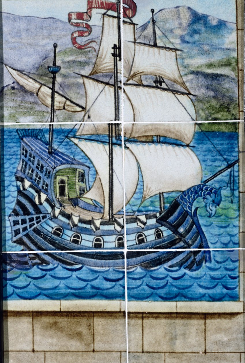 Sześć płytek przedstawiających galeon (ceramika) autorstwa William de Morgan