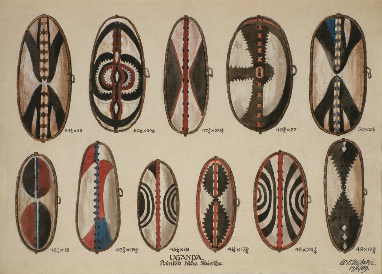 Uganda - Malowane skórzane tarcze, 1909 (wc na papierze) autorstwa William Downing Webster