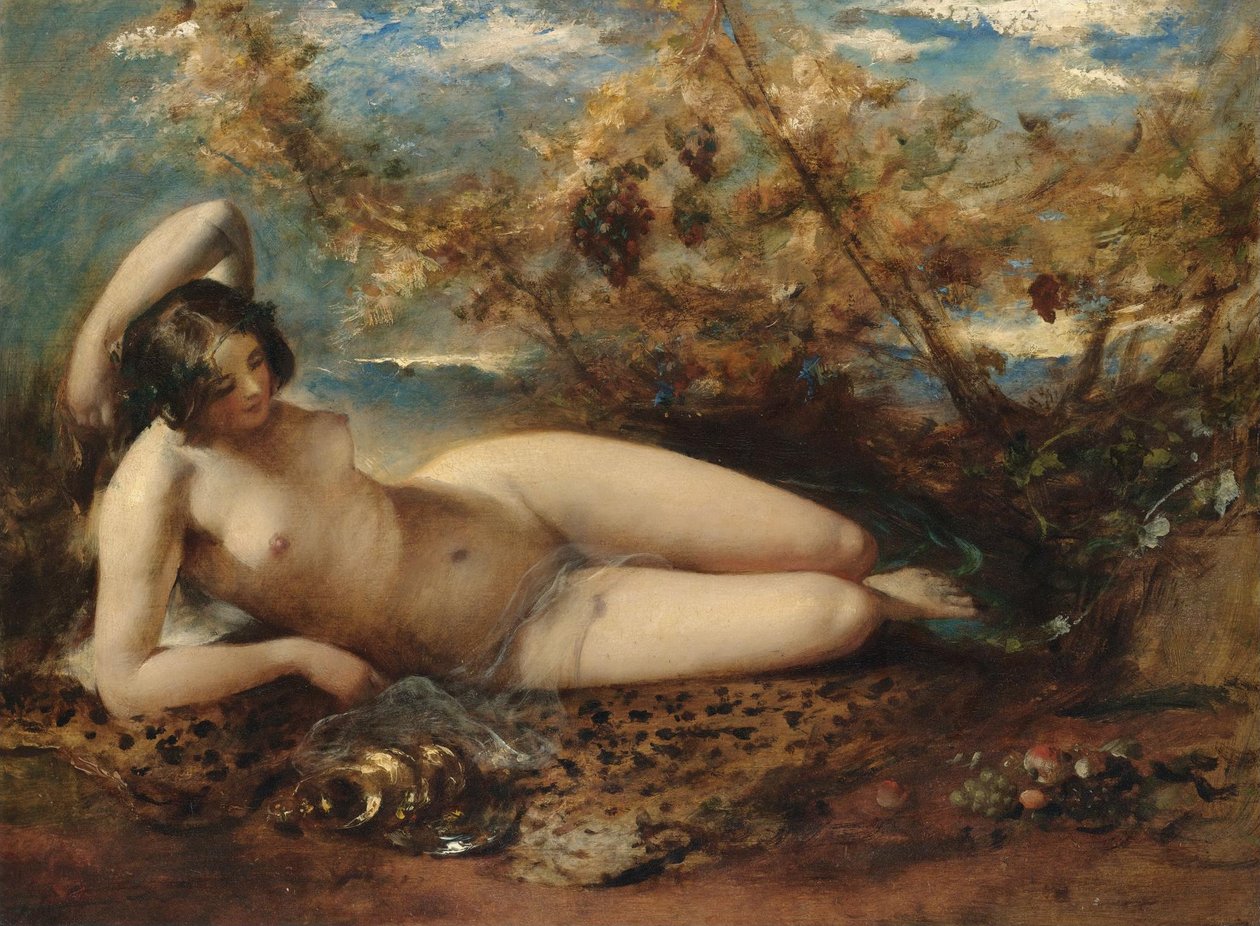 Młoda kobieta leżąca na futrzanym dywanie autorstwa William Etty