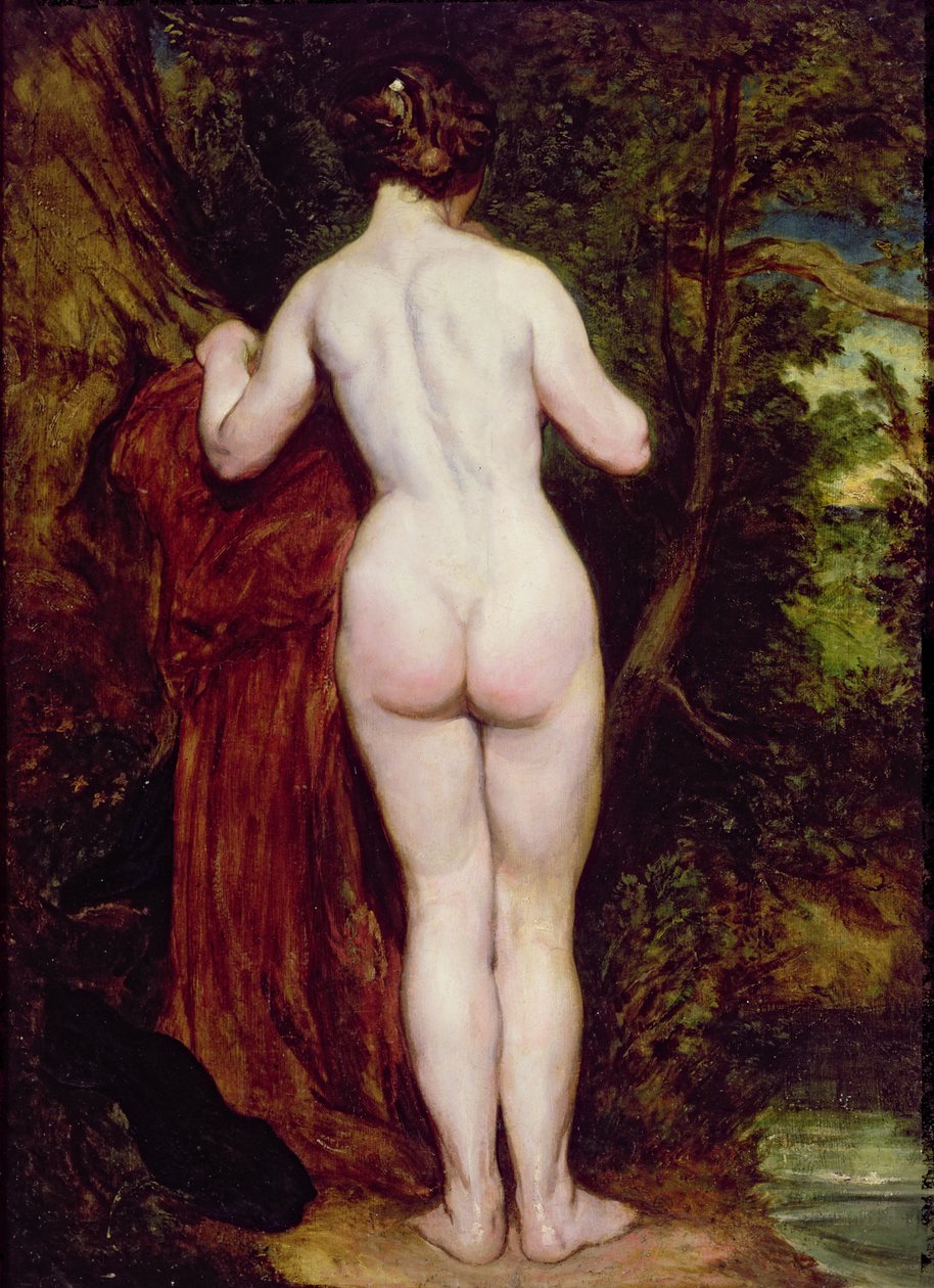 Akt kobiecy na stojąco nad strumieniem, 1825 (olej na tartaku) autorstwa William Etty
