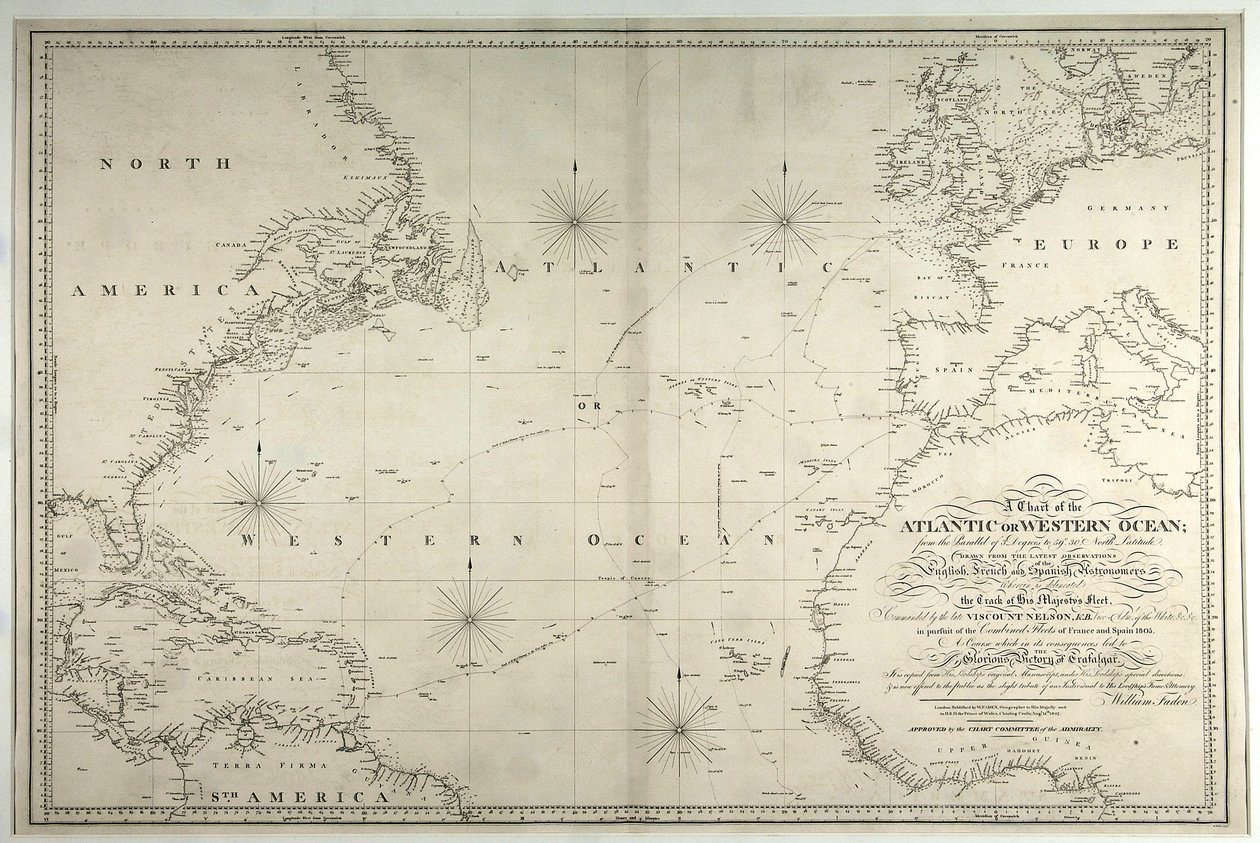 Mapa Atlantyku lub Oceanu Zachodniego, pokazująca ślady floty Nelsonów, 12 maja-15 sierpnia 1805, 1807 autorstwa William Faden